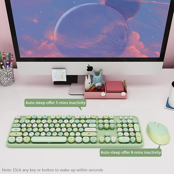 Green Wireless Keyboard and Mouse KOOTOP Cute Green Colorful Keyboard and Mouse 2.4G Wireless Keyboard with Retro Round Keycap for PC Mac LaptopTabletComputer Windows (Green)