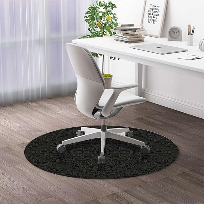 Black Grey PU Leather Hardwood/Tile Floor Chair MatRolling Chair Mat Dark Grey Baroque Curved Flower Lines Desk Chair Mats Low-Pile Carpet Anti-Slip Floor Protector Rug Vintage Diameter 47.2 in