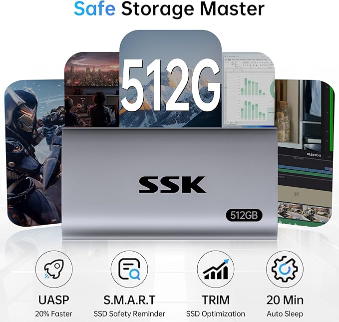 SSK 512GB SSD External Hard Drive Portable SSD Up to 550MB/s Fast Solid State Drives External USB 3.2 Gen2 for iPhone 15/16 Pro Win Mac Android with LED Light Trim SMART Supported