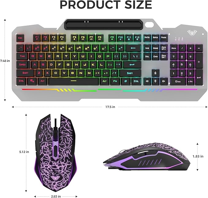 AULA Keyboard T102 104 Keys Gaming Keyboard and Mouse Combo with RGB Backlit Number Pad All-Metal Panel Waterproof Light Up PC KeyboardUSB Wired Computer Keyboards Gaming for Win XP/7/8/10 PC Gamer