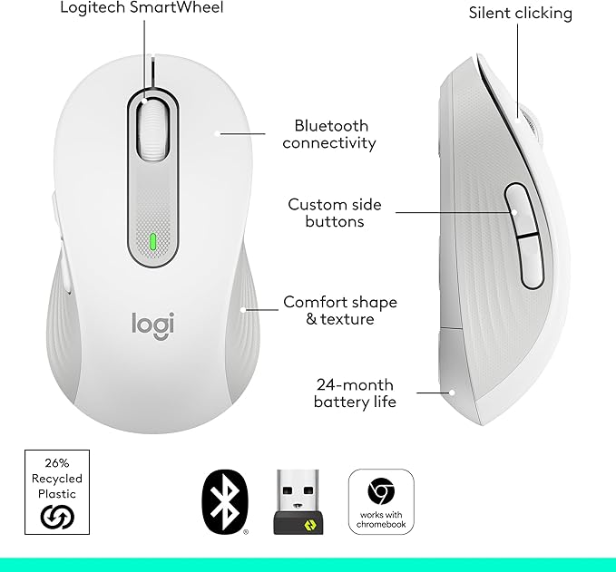 Logitech Signature M650 Wireless Mouse - for Small to Medium Sized Hands 2-Year Battery Silent Clicks Customizable Side Buttons Bluetooth for PC/Mac/Multi-Device/Chromebook - Off White