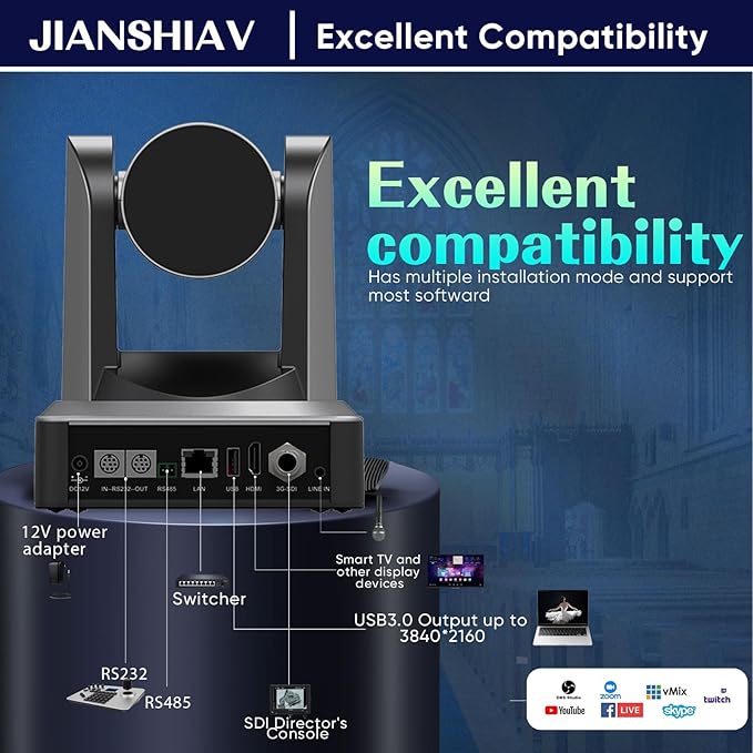 4K 60FPS NDI|HX3 PTZ Camera 12X/20X/30x Optical ZoomAI Auto-TrackingHDMI/USB3.0/SDI/IP Camera PTZ for Church Worship Education Events (JS730USH4K NDI)