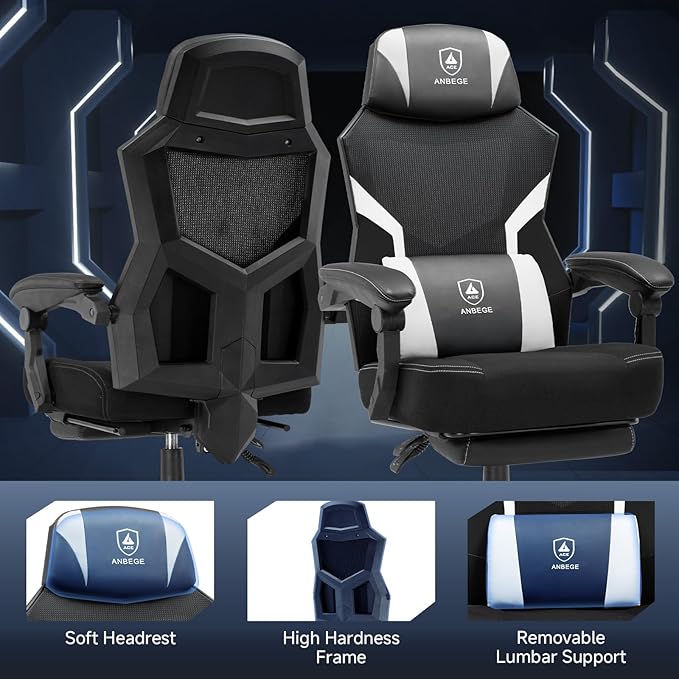 Ergonomic Mesh Video Gaming Chair with Footrest Height Adjustable Computer Chair with Lumbar Support High-Back Breathable Reclining Swivel Chair for Adults Home Office &amp Work (White)