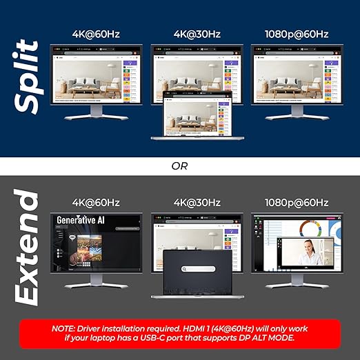 OREI SplitExtend Laptop Docking Station 3 Monitors – USB C Docking Station with 3X HDMI Ports 2X USB 3.0 Ports SD Card Reader 100W PD – Thunderbolt 4 Dock with 4K@30Hz Outputs