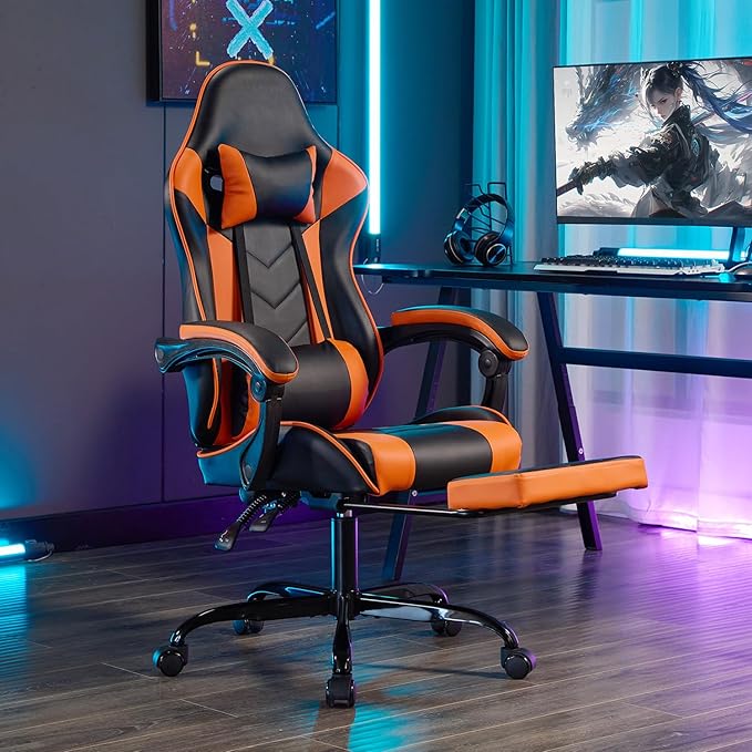 Versatile Gaming Chair with Footrest - Ergonomic Black Orange Leather Model Featuring Headrest &amp Lumbar Support Breathable and Height Adjustable for Ultimate Comfort in Gaming