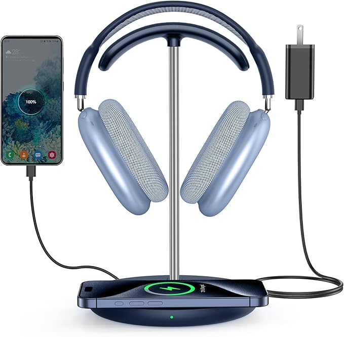 Miroddi Headphone Stand with Wireless Charger Independent USB Charging Port 5 in 1 Charging Station Headset Holder Rack for iWatch iPhone Samsung and Desk All Headphones Dark Blue