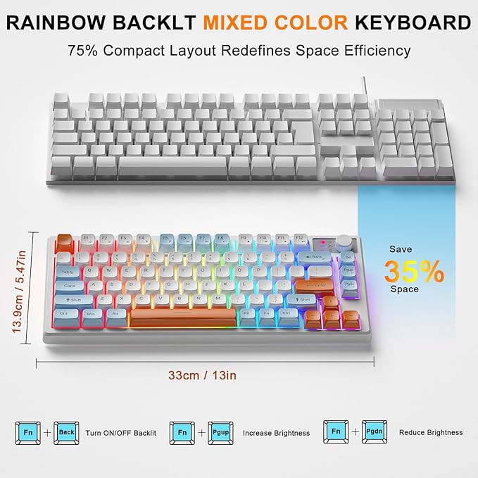 BlueFinger 75% Wireless Gaming Keyboard and Mouse with Smart Display Rechargeable Light Up Wireless Keyboard with Knob Control RGB Backlit Gaming Mouse for Mac Laptop Computer PC Gamer