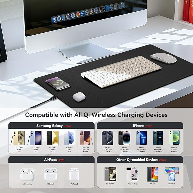 Wireless Charging Mouse Pad 15W Fast Charge Magnetic Charger Desk Pad Large Office Desk Mat (23.4x15.6) with Ultra-Smooth Surface Black Computer Mousepad for MacBook PC Laptop