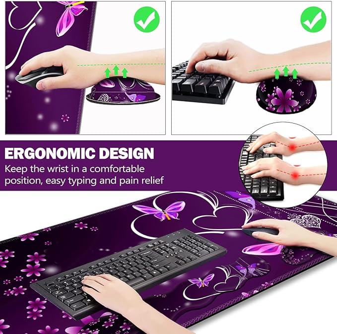 Upgraded Extended Gaming Mouse Pad Keyboard Wrist Rest Pad Wrist Support Mousepad Set Artso Large Rubber Base Stitched Edges Multifunctional Desk Pad (35 x15.5 in) Purple Heart Butterfly