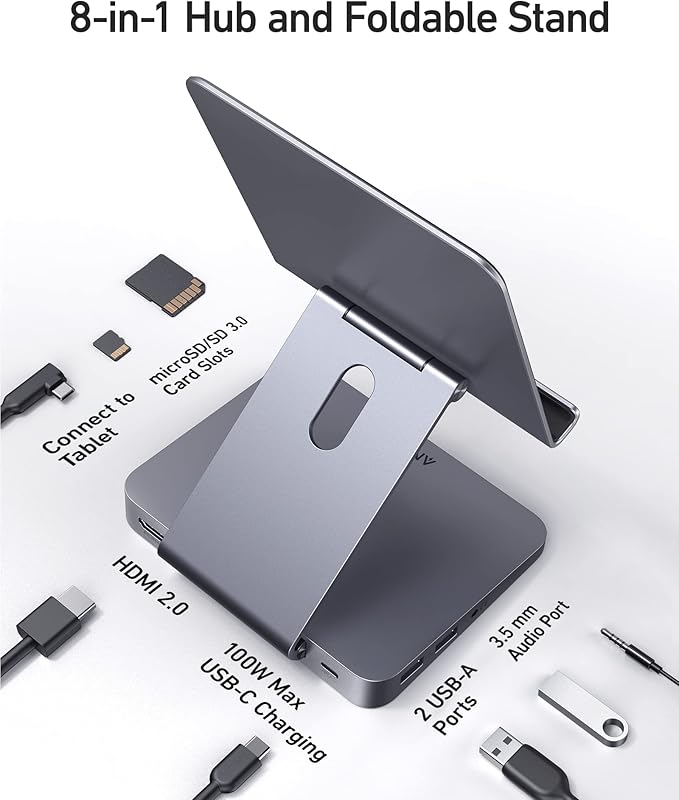 Anker USB C Hub for iPad 551 USBC Hub (8-in-1) with Foldable Tablet Stand 4K HDMI 2 USB-A Data Ports for iPad Pro 5th Gen/Air 5th Gen/Mini 6th and Later (Silver) (Pack of 2)