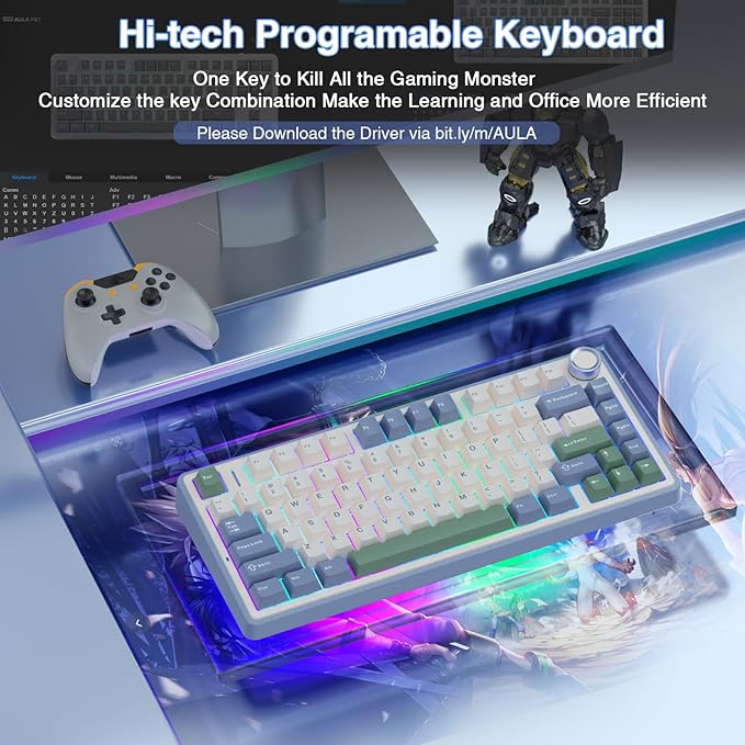 AULA F75 75% Wireless Mechanical Keyboard Hot Swappable Creamy Keyboard Pre-lubed Reaper Switches RGB Backlit Gaming Keyboards 2.4GHz/Type-C/BT5.0(White &amp Green)