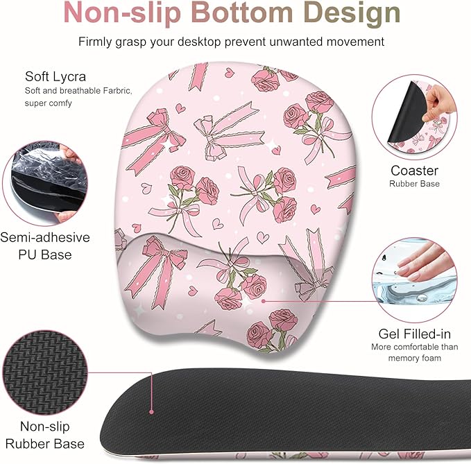 Pink Mouse Pad with Wrist Support 4 in1 Set XXL Big Game Mousepad + Keyboard Wrist Rest + Mouse Wrist Rest Pad +Coaster Gaming Mat for Home Office Work Computer Laptop PC I Sweet Rose &amp Heart Bow