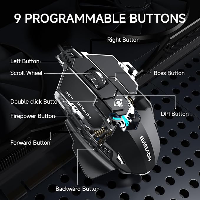 EWEADN G5 Wired Gaming Mouse Ergonomic RGB Computer Mouse 12800 Adjustable DPI 9 Programmable Macro Buttons with Rapid Fire Key Compatible for PC/Laptop/Windows-Black&ampWhite