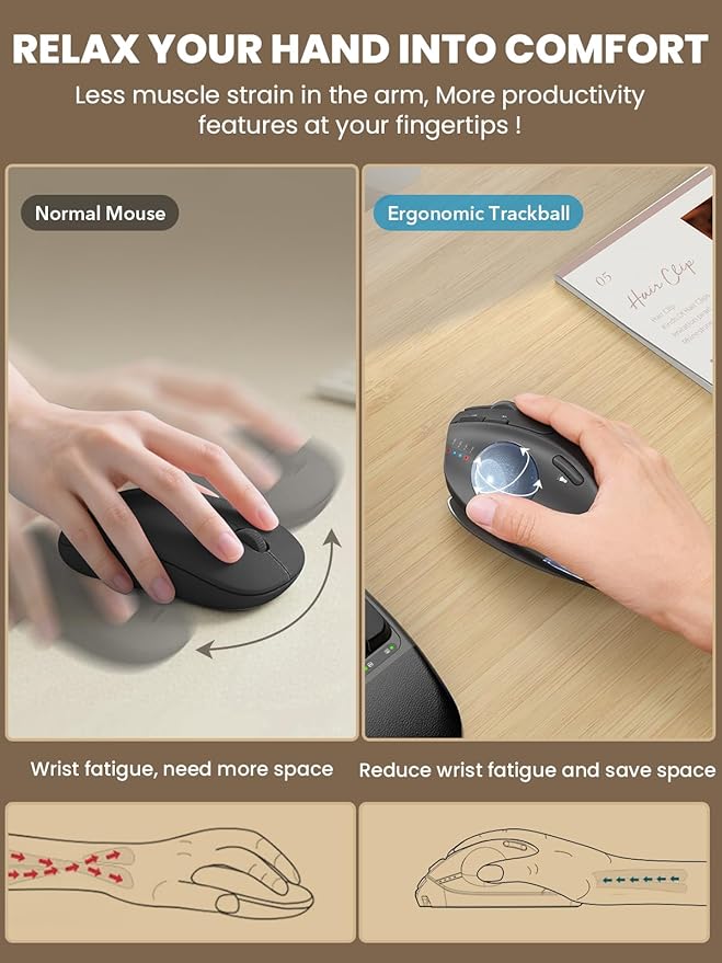 MAM1 Pro Wireless Trackball Mouse Ergonomic Bluetooth Rechargeable Computer Mouse Backlit Rollerball Thumb mice with 5 Level DPI Adjustable Angle 3 Devices Connection for PC Windows - Gray Mouse