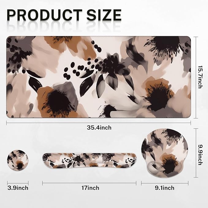 Britimes Brown Boho Tribal Flower Keyboard Mouse Pad Set 4in1 Large Mousepad+Keyboard Wrist Rest+Mouse Wrist Rest+Coaster Set with Ergonomic Design for Home Office Computer 35.4x15.7 inches