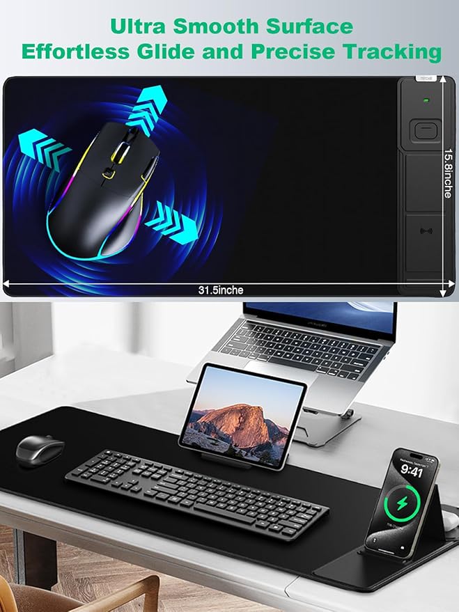 Mouse Pad with Foldable Phone Holder Wireless Charging Desk Mat 31.5x15.8 Large Mousepad with Superior Micro-Weave Cloth XXL Desk Pad with Non-Slip Waterproof Keyboard Pad for Home &amp Office