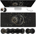 JVGFYNKL Extended Large Mouse Pad+Keyboard Wrist Rest Support  Ergonomic Memory Foam Wrist Rest Easy Typing 4Pcs Desk Pad Set for Home Office Sun Moon Star Pattern XXL Gaming Black Desk Mat