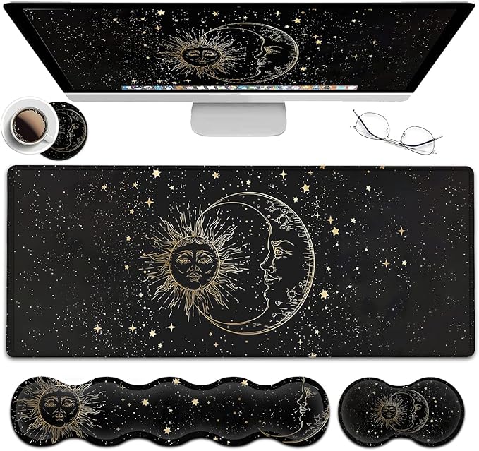 JVGFYNKL Extended Large Mouse Pad+Keyboard Wrist Rest Support  Ergonomic Memory Foam Wrist Rest Easy Typing 4Pcs Desk Pad Set for Home Office Sun Moon Star Pattern XXL Gaming Black Desk Mat
