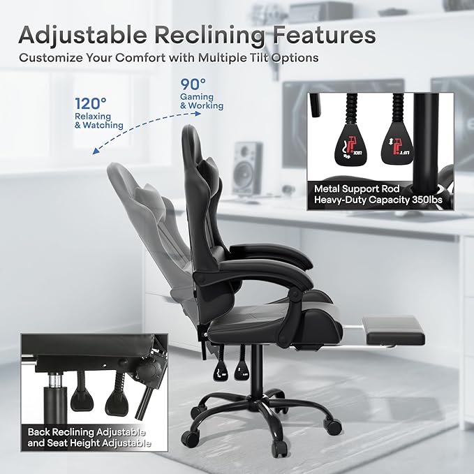 Athena Collection Ergonomic Gaming Chair with Footrest &amp Headrest Lumbar Support Height Adjustable Swivel Office Chair Reclining Game Chair Leather High Back Computer Chair for Adults Kids Black