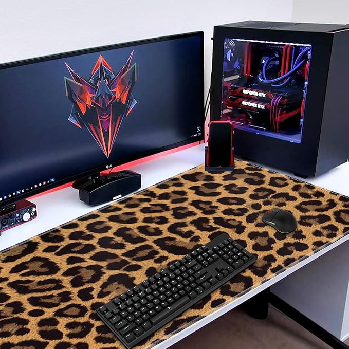 3-in-1 Large Mouse Pad Gaming Set (31.5 x 11.8 inch)+ Wrist Rest Pad + Coaster Memory Foam Gel Wrist Rest Pad for Pain Relief Stitched Edges Non-Slip Table Mat Brown Leopard Print