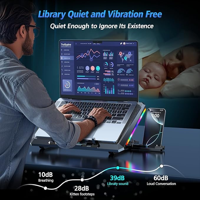 Laptop Cooling Pad with 12 Quiet Fans Slim Portable for 12-17.3 Inch Laptop Cooler Stand with 5 Height Adjustable Ergonomic Gaming Cooling Fan Pad with Two USB Ports &amp Phone Holder (Gear)