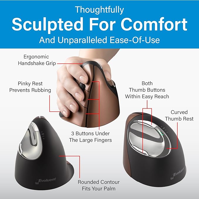 Evoluent – Inventor of The Vertical Mouse – VM4SW Ergonomic Vertical Mouse Right Hand Small Wireless USB Sculpted for Comfort Reduces Wrist Strain 4 Speeds 6 Customizable Buttons in Windows