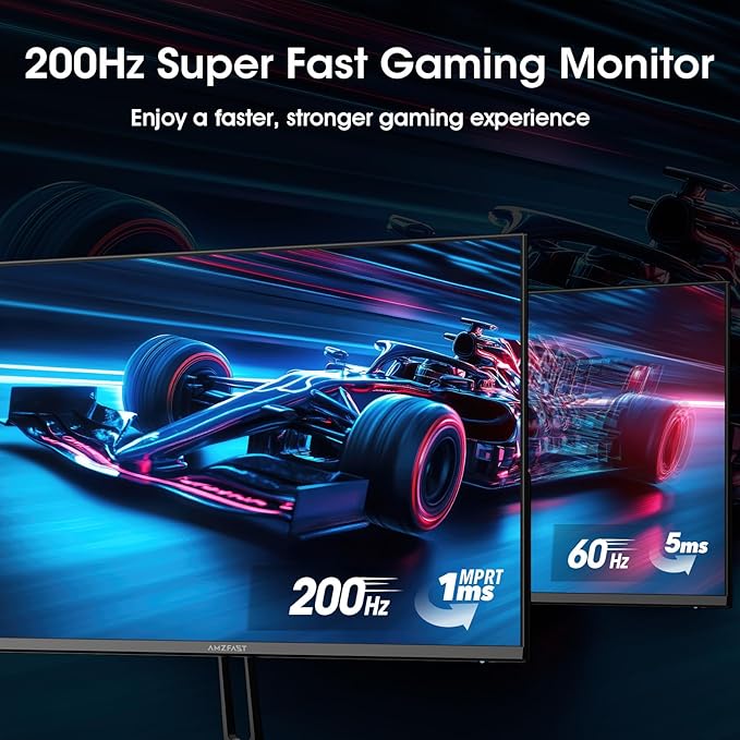 Amzfast 24 Inch Gaming Monitor 180Hz 200Hz FHD 1080p Computer Monitor 1ms Adaptive Sync 3000:1 129% sRGB HDR Display Eye Care VESA 75x75 Metal Stand HDMI 2.0 | DP 1.4 AMZG24X1
