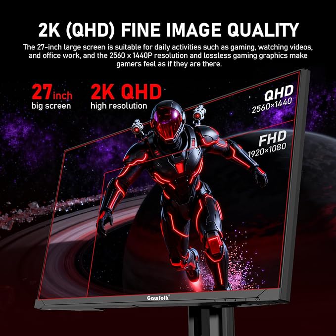 Gawfolk 27 inch 2K QHD(2560×1440) PC Screen 180Hz Gaming Monitor 1ms Without Bezel FreeSync100% sRGB 178° Wide Viewing Angle HDMI2.0 &amp DisplayPort 1.4 75 * 75MM Wall Mount Compatible- Black