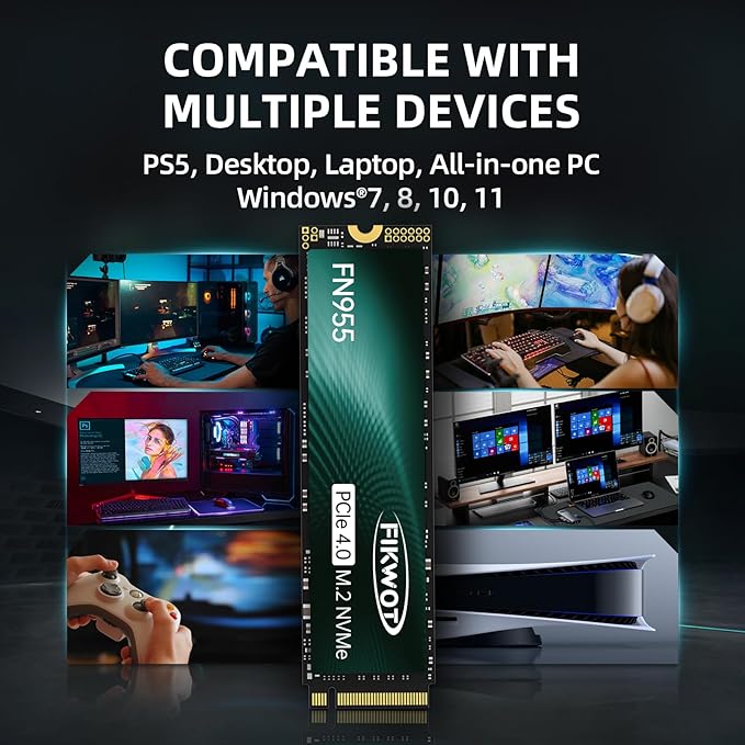 FN955 2TB NVMe SSD M.2 2280 PCIe Gen4x4 Up to 7300MB/s 3D NAND TLC Flash Internal Solid State Drive Configure SLC Cache Storage and Memory Expansion for PS5 Laptop Desktop