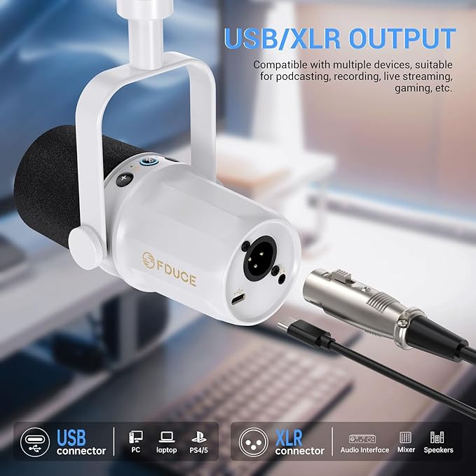 FDUCE SL40 Dynamic Microphone for Podcasting Gaming Live Streaming and Recording Built-in Headphone Output LED Mute Button All-Metal USB/XLR Voice Isolation Technology (White)