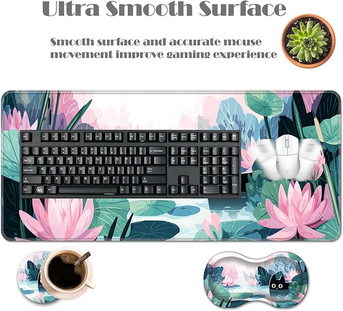 Ergonomic Keyboard Wrist Rest &amp Mouse Pad Wrist Rest SetXL Gaming Desk Mat 31.5x 11.8Non-Slip BaseMemory FoamEasy Typing Pain Relief for Office &amp HomeBlack Cat in Lotus Pond