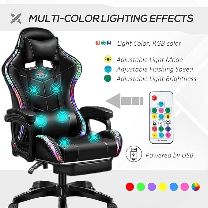 RGB Gaming Chair with Massage and Footrest Ergonomic Big and Tall Office Chair Computer Chair Video Game Chair with Speakers High Back Recliner Swivel Chair with Lumbar PillowWhite