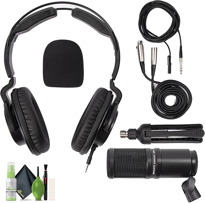 Zoom ZDM-1 Podcast Mic Pack Podcast Dynamic Microphone ZHP-1 Headphones TPS-4 Tripod Windscreen 2-Meter XLR Cable for Recording &amp Streaming Podcasts + Cleaning kit