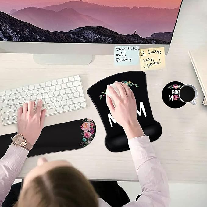Ergonomic Mouse Pad Wrist Support Gel and Keyboard Wrist Rest Set Dog Mom Floral Design for Laptop Mac Gaming and Office Durable Comfortable and Pain Relief + Coaster