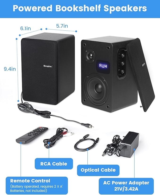 Powered Bookshelf Speakers Vinyl Record Player Speakers with 4 Inch Woofer Active Turntable Speakers Wired Optical/ARC/RCA/AUX/BT Input HiFi Stereo Speakers for TV PC CD Player