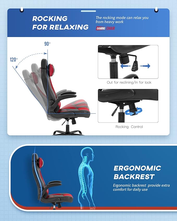 Gaming Chairs for Adults PU Leather Swivel Rolling Adjustable Game Chair with Lumbar Support Flip Up Arms Headrest for Adults Women Men Video Game Chairs Ergonomic Gaming Chair