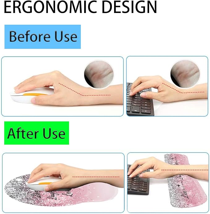 Keyboard Wrist Rest and Mouse Pad Wrist Support Set with CoastersErgonomic Gaming Mousepad for Home Office Working Studying Easy Typing &amp Pain ReliefLive Love Laugh Quote Pink Sparkle Glitter