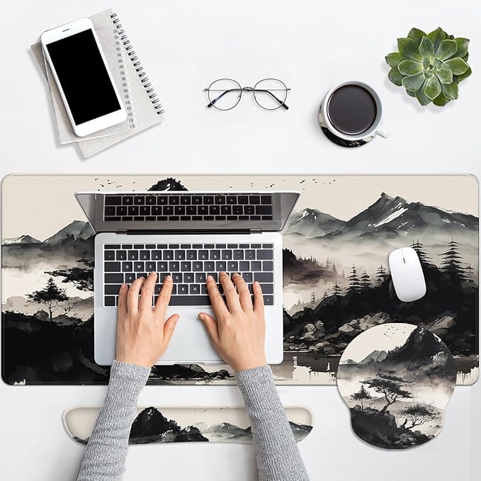 Britimes Black Ink Landscape Keyboard Mouse Pad Set 4in1 Large Mousepad+Keyboard Wrist Rest+Mouse Wrist Rest+Coaster Set with Ergonomic Design for Home Office Computer 35.4x15.7 inches