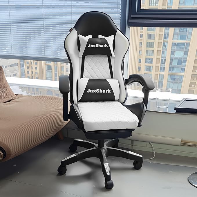 JaxShark Gaming Chair Office Chair with Headrest and Lumbar Support High Back Computer Leather Desk Chair with 360° Swivel 220 lbs Capacity – Racing Style for Gaming and Work (White)