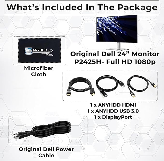 Dell P2425H Computer Monitor Screen 24 16:9 IPS Display with Stand - 1 Year Warranty 100Hz Full HD 1920 x 1080 with Power Cable Anyhdd DisplayPort HDMI USB 3.0 Upstream Cable &amp Cloth - New