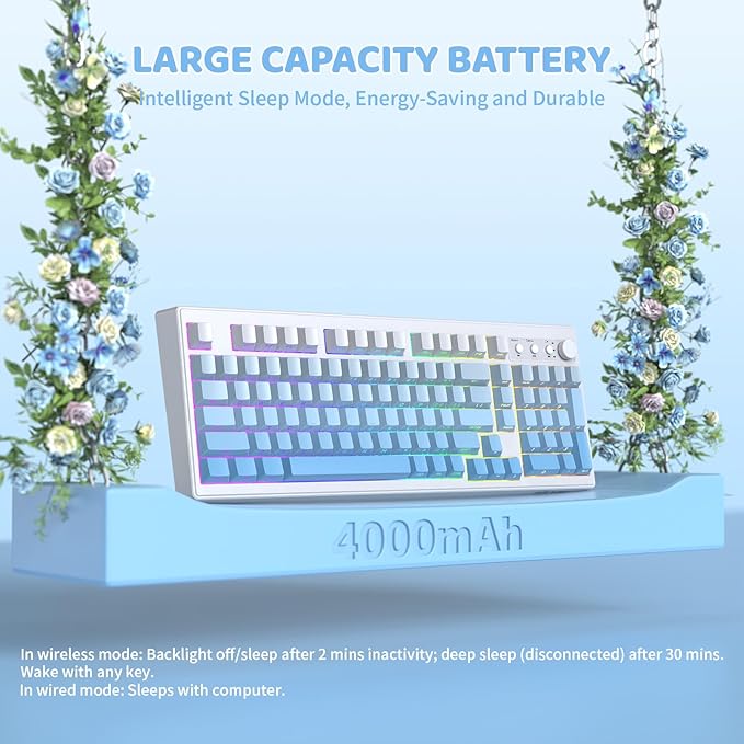 ZIYOU LANG K100 Wireless Gaming Keyboard99 Keys Tri-Mode BT/2.4GHz/USB-C Creamy Color Keyboard with Number Pad RGBMedia Knob Custom Programmable Computer Keyboards for PC/Mac/Xbox (Blue)