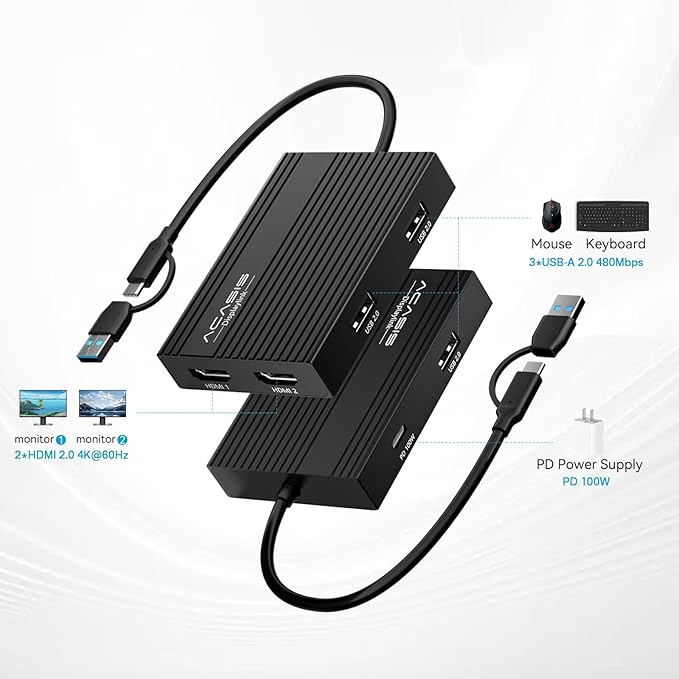 ACASIS USB C to Dual HDMI DisplayLink Adapter 4K@60Hz 2 HDMI &amp 3 USB-A Ports 100W PD Charging USB C DisplayLink Docking Station for Mac M1/M2/M3/WindowsUSB A/C to Dual Monitor Adapter (Black)