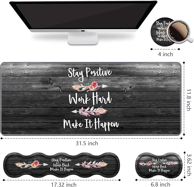 Ergonomic Keyboard Wrist Rest &amp Mouse Pad Wrist Rest Set Stay Positive Work Hard and Make It Happen Pattern Inspirational Quote Large XXL Gaming Desk Mat Memory Foam Easy Typing Pain Relief