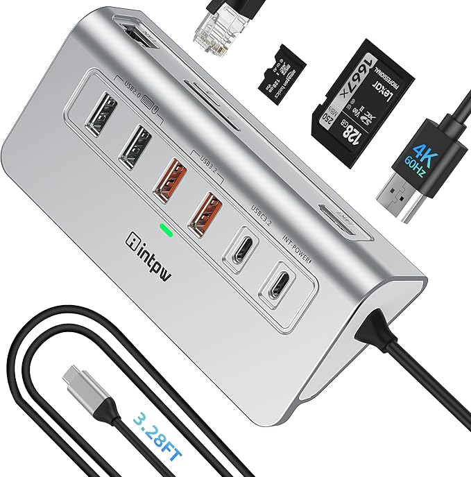P9R PRO USB C Hub Ethernet 10Gbps USB C Docking Station 10-in-1 with Type-C &amp 2 Type-A 3.2 Data LAN 4K@60Hz 2 USB A 2.0 PD 100W SD/TF Ports 3.28FT Powered USB Hub for PC iPhone 17 Mac