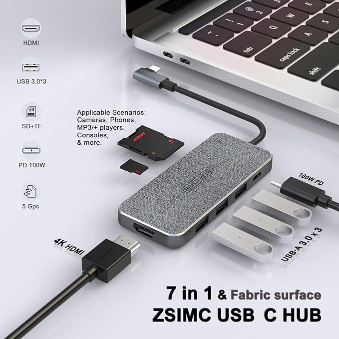 USB C Hub ZSIMC 7-in-1 Docking Station Multiport Adapter with 4K HDMI 100W Power Delivery 3 USB 3.0 Ports SD/TF Card Reader for MacBook Pro/Air iPad Pro/Mini 6 Surface and More Type C Laptops