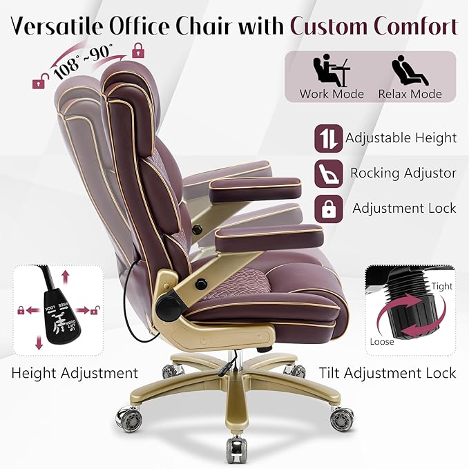 Heavy Duty Executive Leather Chair Big and Tall Office Chair 500lbs with 5D Flip-up Armrests Comfortable Seat Adjustable Lumbar High Back Large Computer Desk Chair for Home Office Brown
