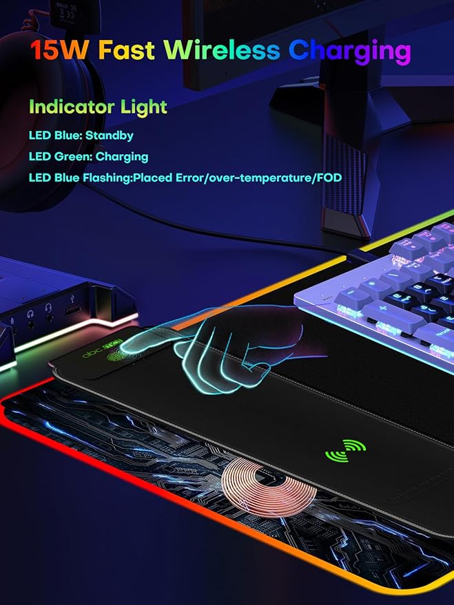 2-in-1 RGB Gaming Mouse Pad with Wireless Charging 31.5x11.8 Large 24 Light Effects Non-Slip Base Waterproof Ultra-Smooth Surface No Adapter