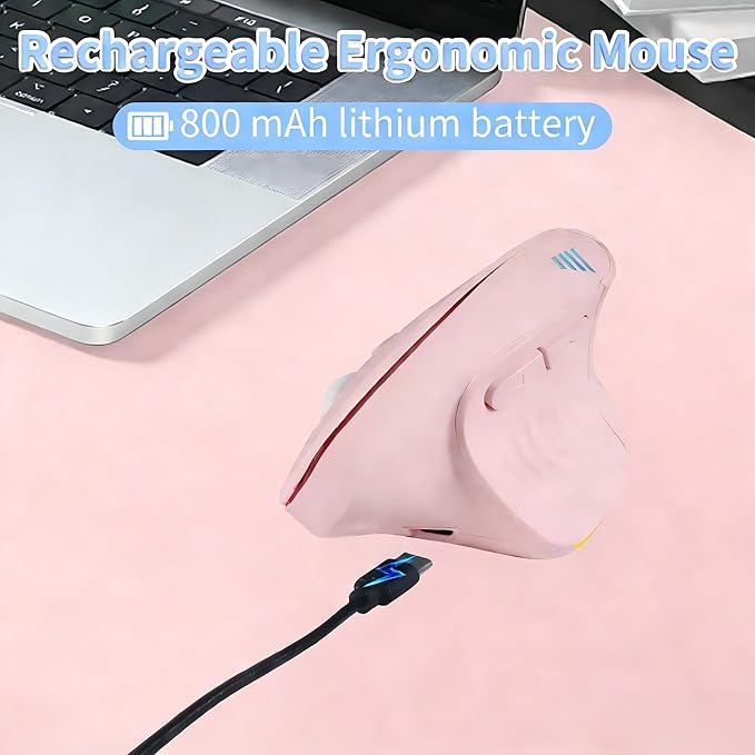 Bluetooth Wireless Dual-Mode Vertical Mouse - Silent Click Ergonomic Comfort for Office &amp Home Use Rechargeable with LED Breathing Light Compatible with Multiple Devices (Pink)