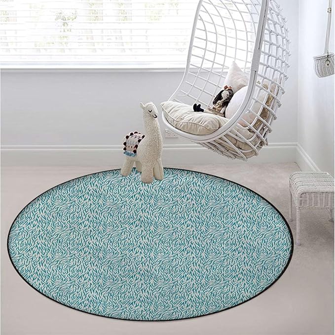 Green Teal Round Area Rug Machine Washable Non Slip Indoor Sofa Floor Area Mat Carpet for Living Room Sofa Bedroom Nursery Decor Leaves Plants Wavy Pattern Doodle Style Diameter 55 in