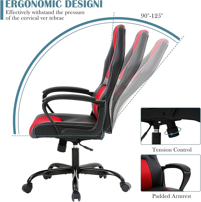 Computer Chair Ergonomic Desk Chair Racing Gaming Chair with Armrest &ampHeight Adjustable High Back Computer E-Sports Chair Task Swivel Executive Seat PU Leather Chair for Home Office (Red)